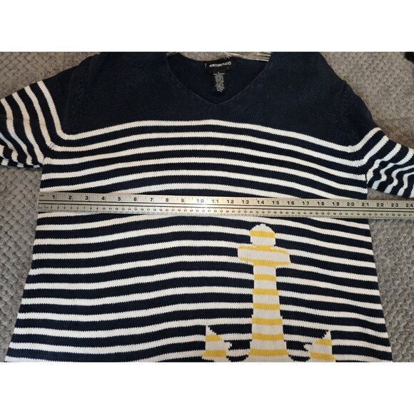 Striped Nautical Sweater 100% Cotton Knit Navy White Stripe Anchor Coastal Beach - Picture 4 of 7